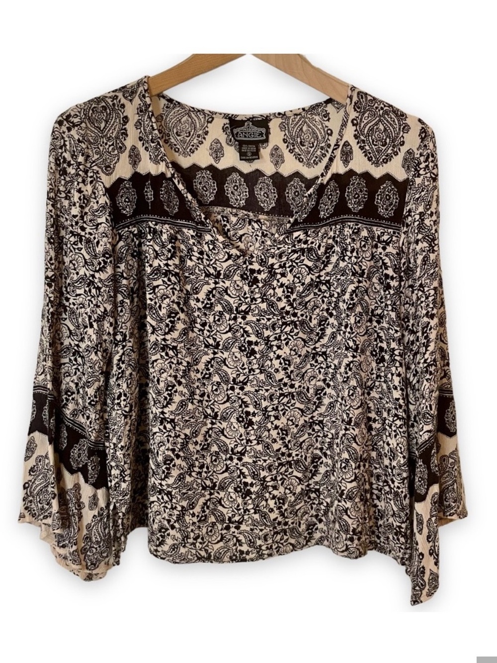 Angie top shirt long sleeve bell sleeve flowy black cream boho hippie S